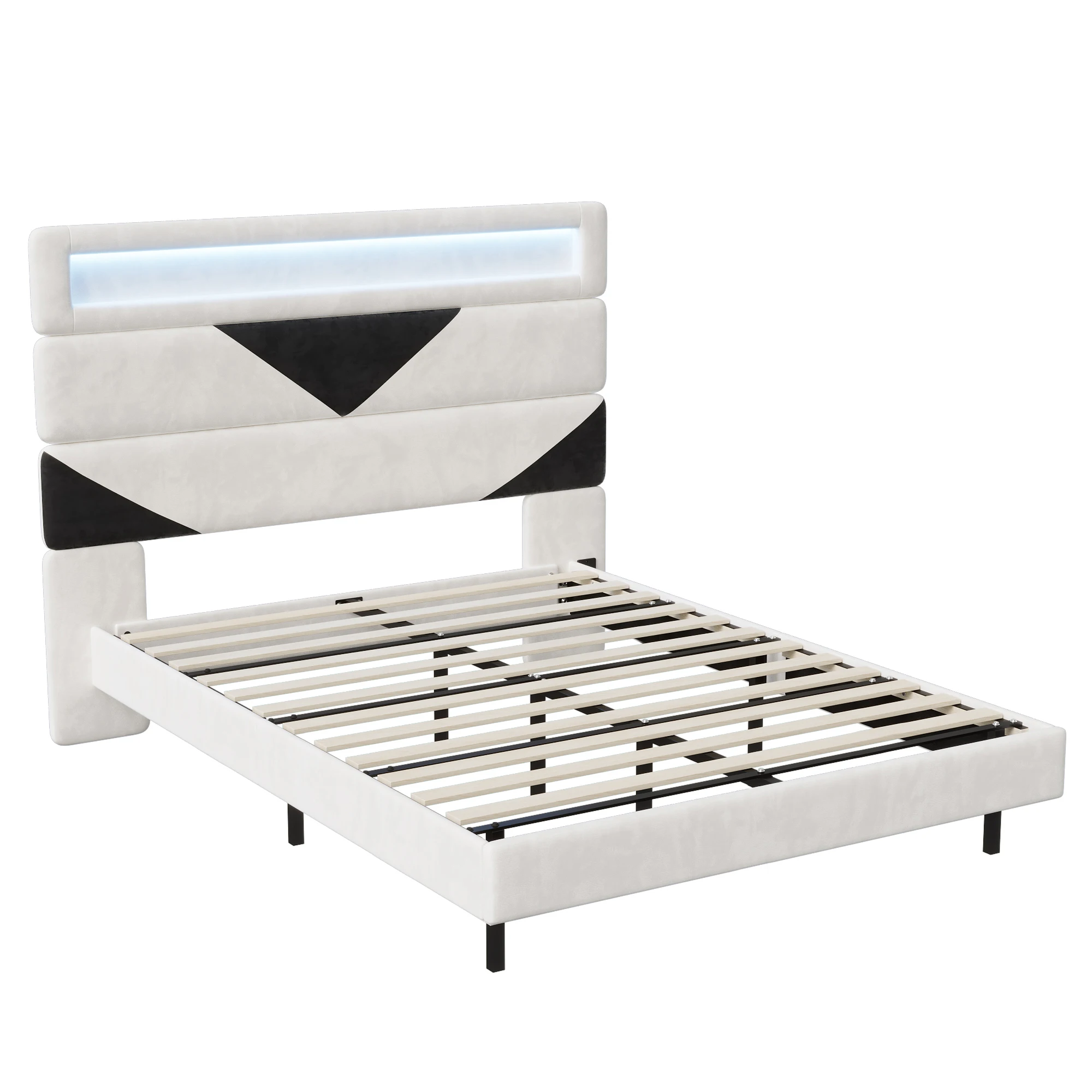 Polsterbett 140x190 cm, Schwebebett, Bettgestell mit Verstellbarem Kopfteil, Modern Doppelbett mit Lattenrost, Jugendbett Bettgestell, Samt, Beige