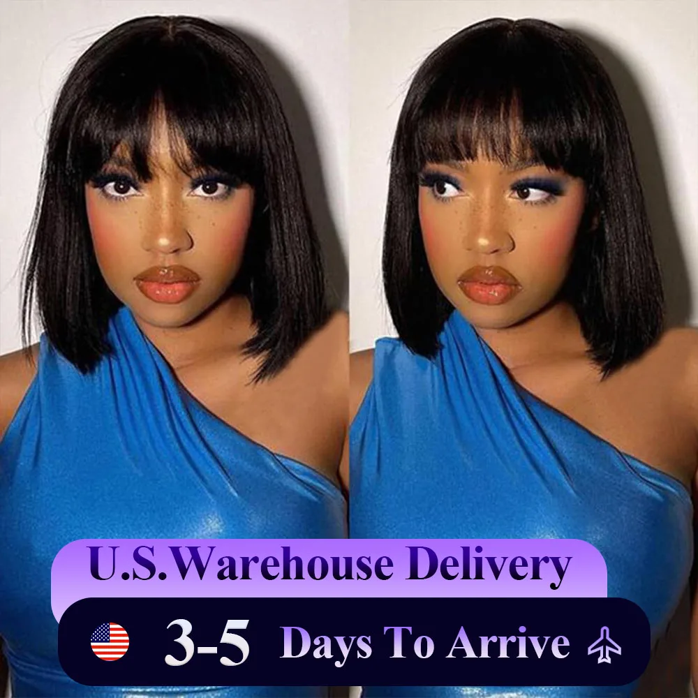 Short Black Bob Wig With Bangs 180% Density Middle Part 2x1 Lace Wig Straight Short Bob Wig Human Hair Natural  Human Hair Wigs