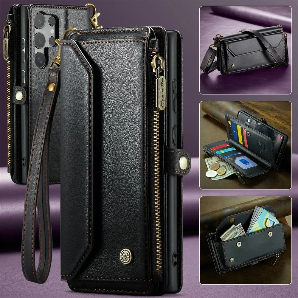 Hülle für Samsung S26 S25 S24 S23 Ultra Plus FE A17 A57 A37 A36 A56 5G PU-Leder Handyhülle mit Riemen, Reißverschluss und Kartenfach