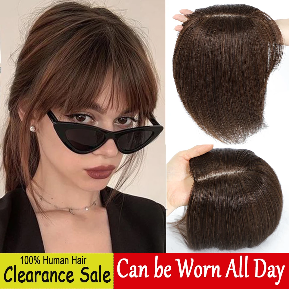 Dazzeal Hair Topper Human Hair Lace 10x12cm Straight Hair Clips Black Brown Human Hair Toppers Bangs For Women 360° 3D Cover Top