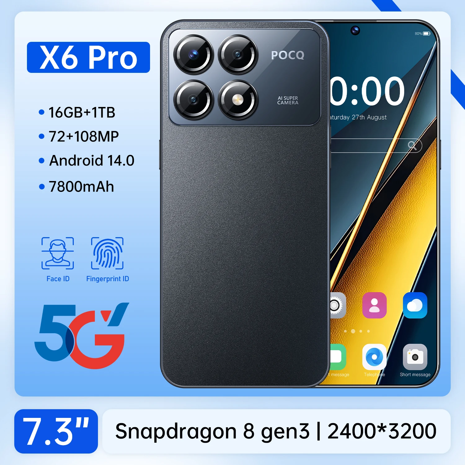 

New X7 Pro Smartphone 7.3 inch Full Screen 4G/5G Cell Phone 16TB+1TB 7800mAh Mobile Phones 108MP Global Version Celulares