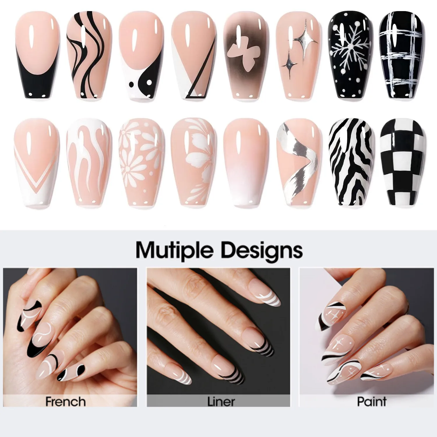 Makartt Gel Nail Polish Liner Set 8ML, 2 Color Nail Art Summer French Polish White Black for French Tip Swirl Draw Nail Soak Off