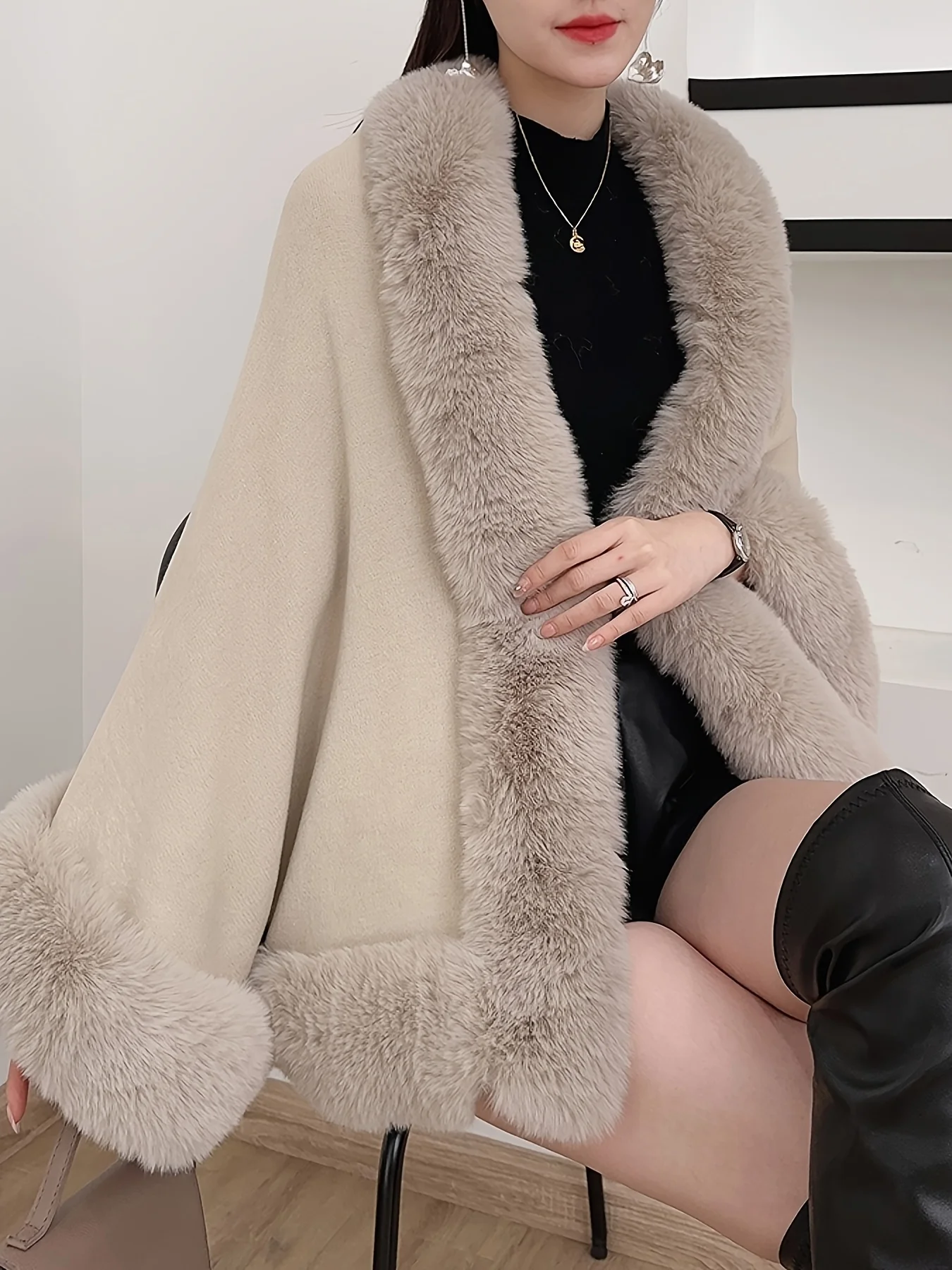 Elegant Vintage Knitted Open Cardigan Coat Solid Color Fox Fur Collar Autumn Winter Outerwear for Women Stylish Younger Version