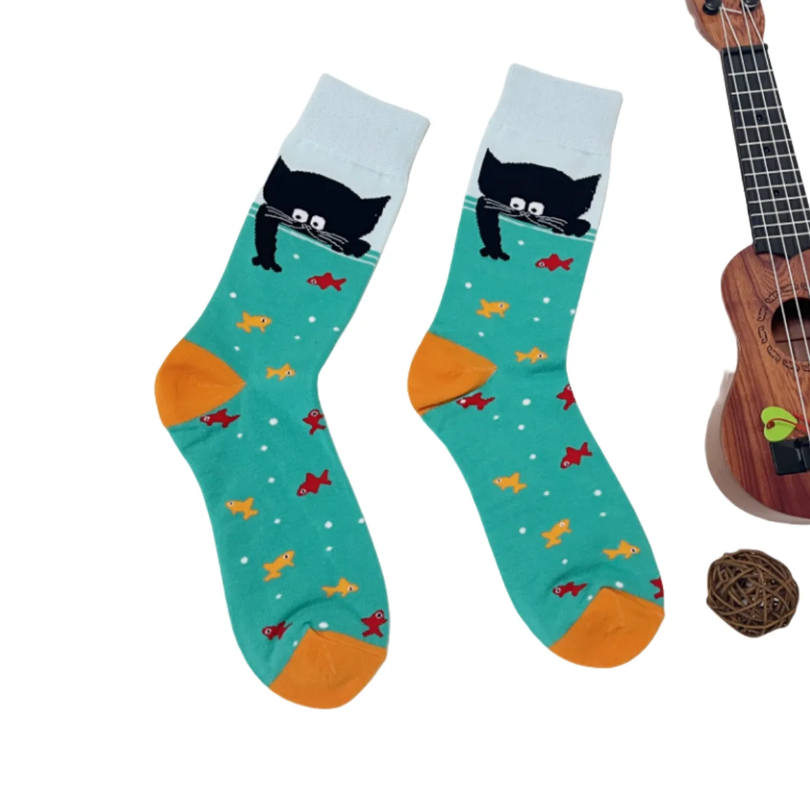 1 Pair Men\'s Trendy Cartoon Cat Fish Pattern Mid-calf Socks, Breathable Comfy Casual Unisex Socks Suit In All Seasons