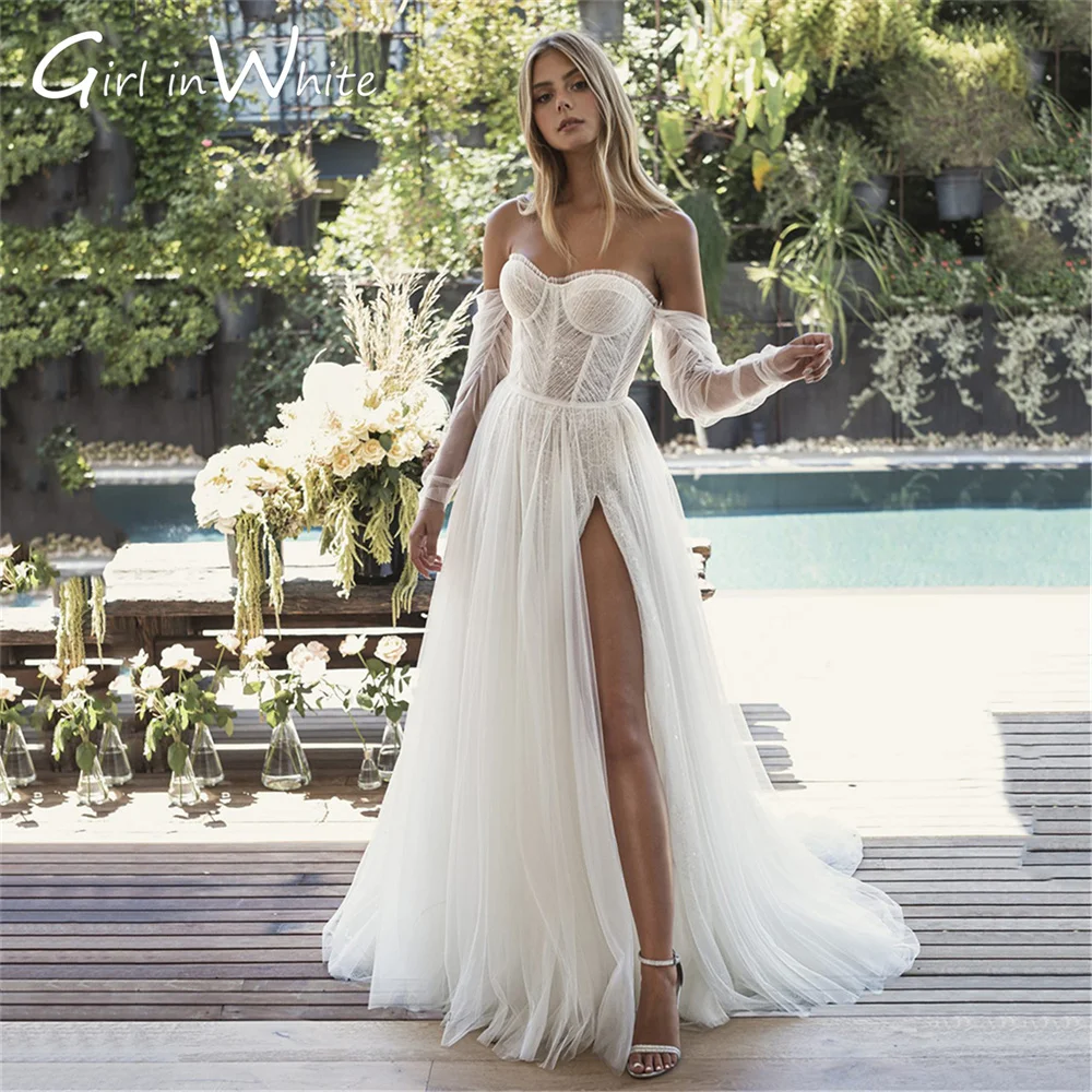 Bohemian dostosowane suknie ślubne linii odpinane rękawy suknie ślubne Backless wysokie rozcięcie boczne szata panny młodej Vestidos De Novia