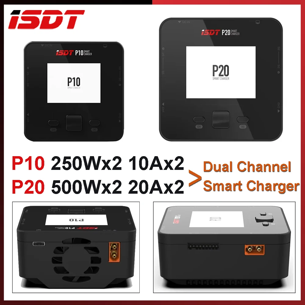 

ISDT P10 P20 Dual Channel Smart Charger 250WX2 500WX2 DC Battery Balance Discharger Adjustable Digital Power Supply RC Model