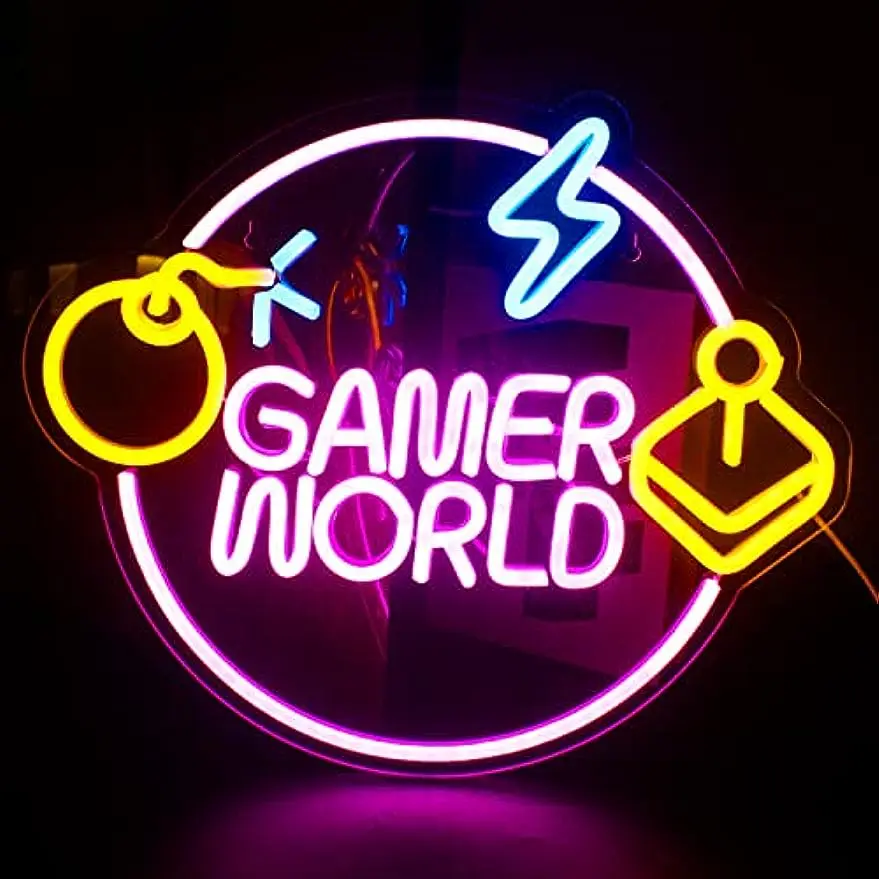Gamer World LED Neon Sign with Bomb Controller and Lightning for Gaming Room Decor Retro Man Cave Bar Personalized Gamer Gift