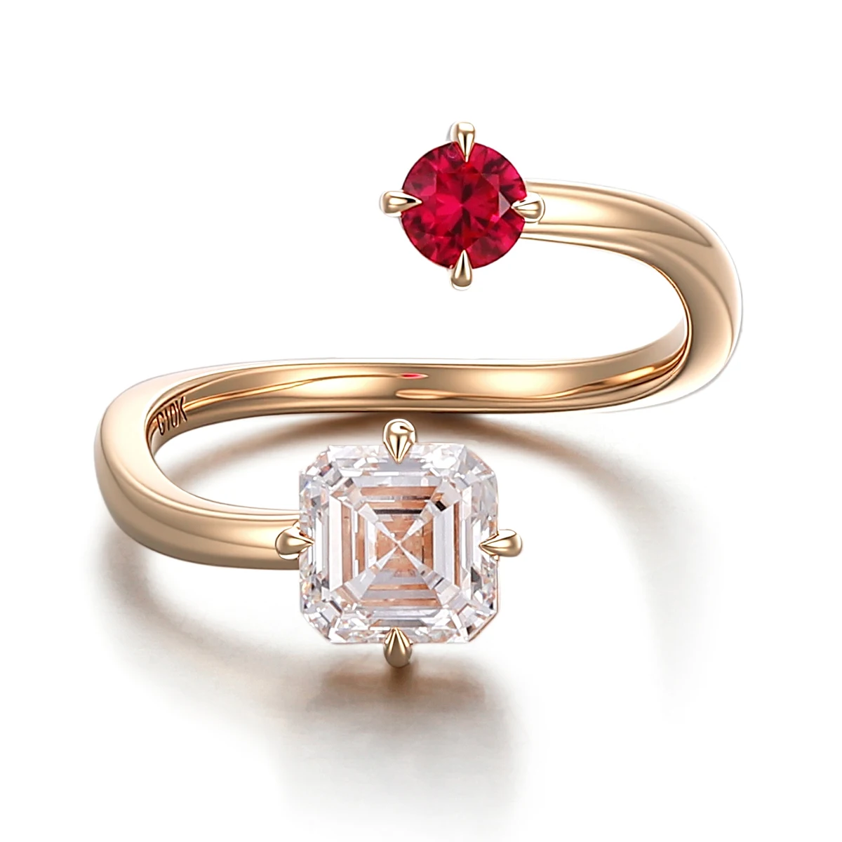 Anillo Toi Et Moi de Oro de 10K Provence con Dos Piedras, Diamante de Laboratorio con Corte Asscher y Rubí Redondo, Anillo Abierto Envolvente, Joyería Romántica para Ella