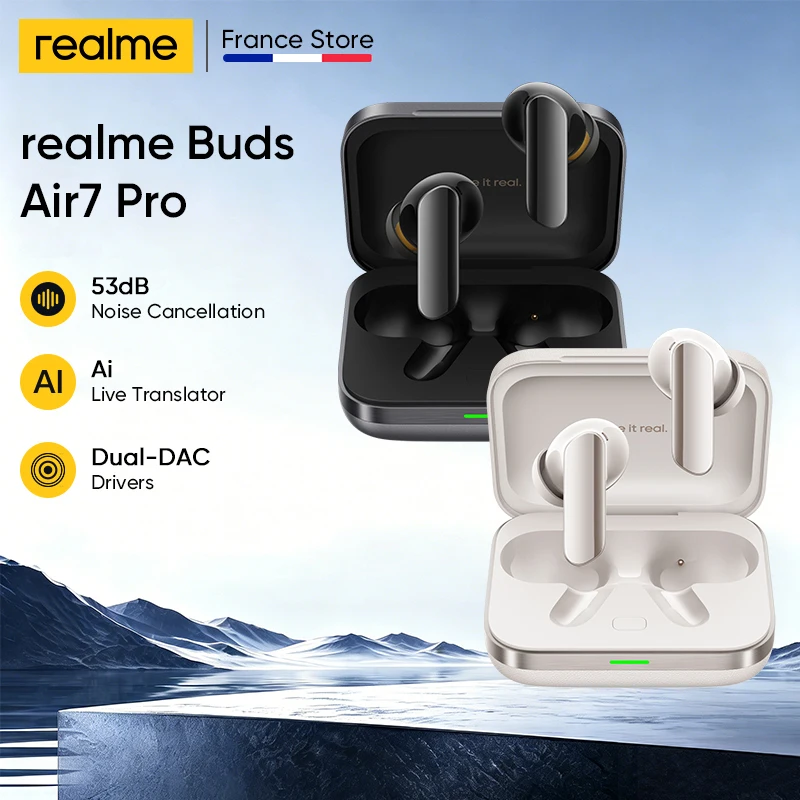 Version Globale realme Buds Air 7 Pro Écouteurs avec Annulation de Bruit en Temps Réel 53 dB, Double Driver DAC 11+6 mm, Traducteur Instantané IA