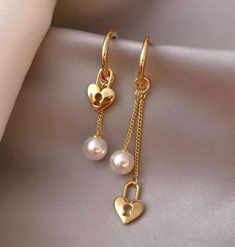 MADALENA SARARA 18K Yellow Gold Women Pearl Earrings Long Chain Heart Charm Dangle Earrings High Quality