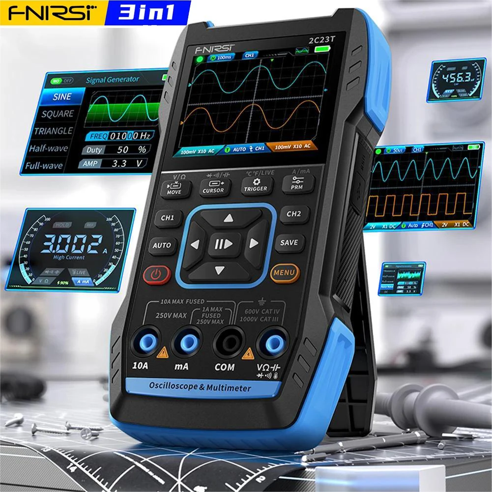 FNIRSI 2C23T Handheld Digital Oscilloscope Multimeter + Function Signal Generator 2023 Latest 3IN1 Dual Channel 10MHZ*2 50MS/s