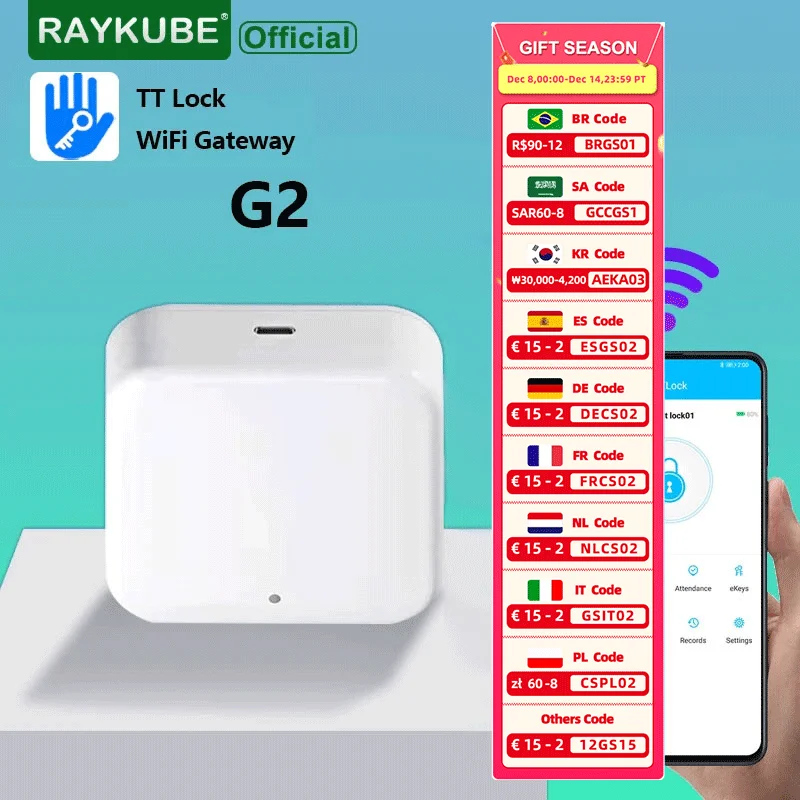 

Шлюз RAYKUBE G2 для приложения TT Lock, Bluetooth, умный электронный дверной замок, адаптер Wi-Fi, дистанционное управление для умного дома