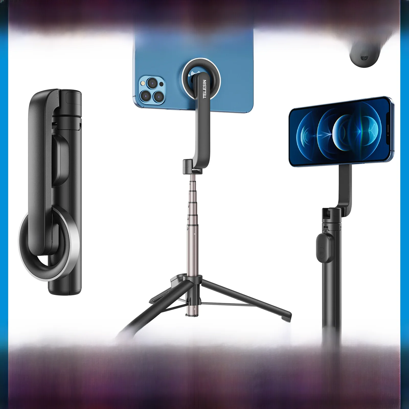 TELESIN-Tripé Magnético Selfie Stick com Controle Remoto para Celular, iPhone 14, iPhone 12 Pro Max,