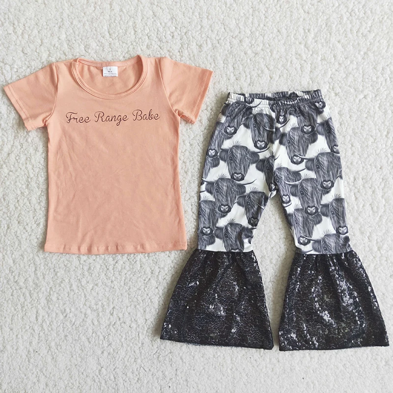 Little Girl Peach Letter Print Short Sleeve Shirt Cow Print Sequin Lace Bell Bottom Pants Outfit Boutique Wholesale