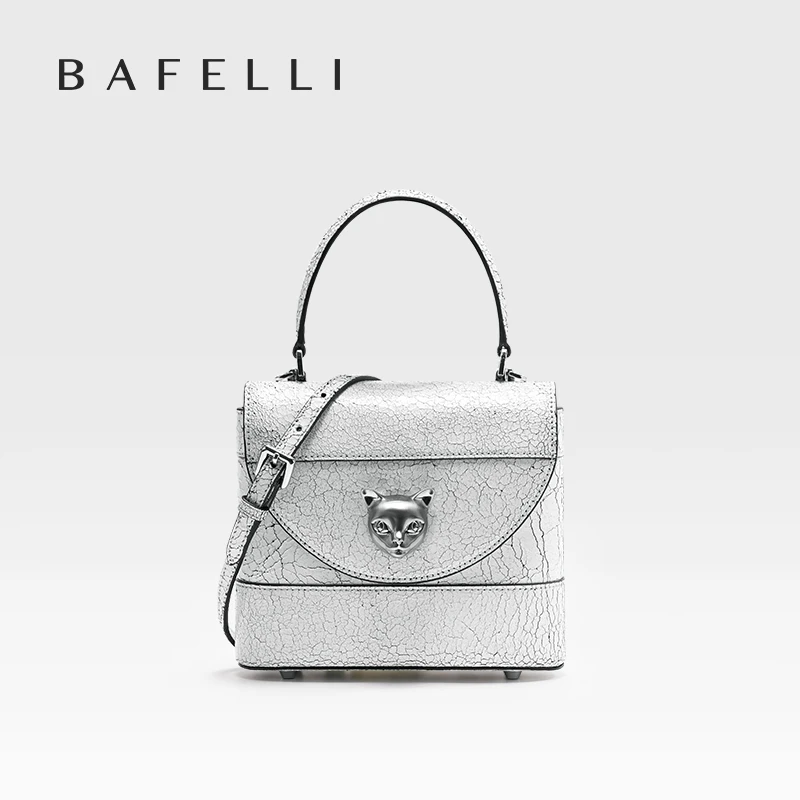 BAFELLI 2026 New Arrival: Unique Cracked Leather Shoulder Bag with Cat Head Design, Luxury Brand Mini Crossbody Bag
