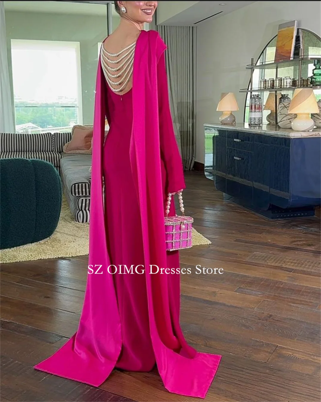 OIMG Dubai Mordern Customized Prom Dresses Pearls  Evening Dress Fuchsia Satin Women Evening Gowns Formal Slit Party Dress