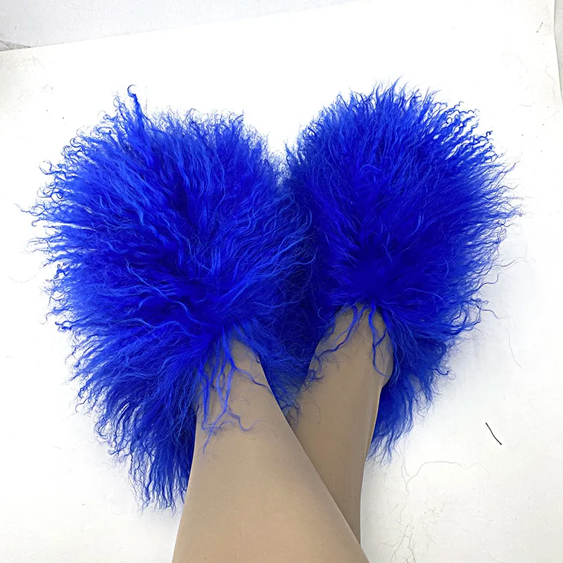 Fashion New Women Indoor Outdoor Warm Winter Ladies Fluffy Long Curly Hair Real Mongolian Fur Slides