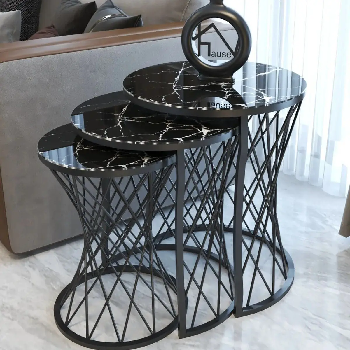 Marble Set of 3 Nesting Table Wicker Leg Unbreakable Tempered Glass Black 3 Pcs Decorative Nesting Table Set for Living Room