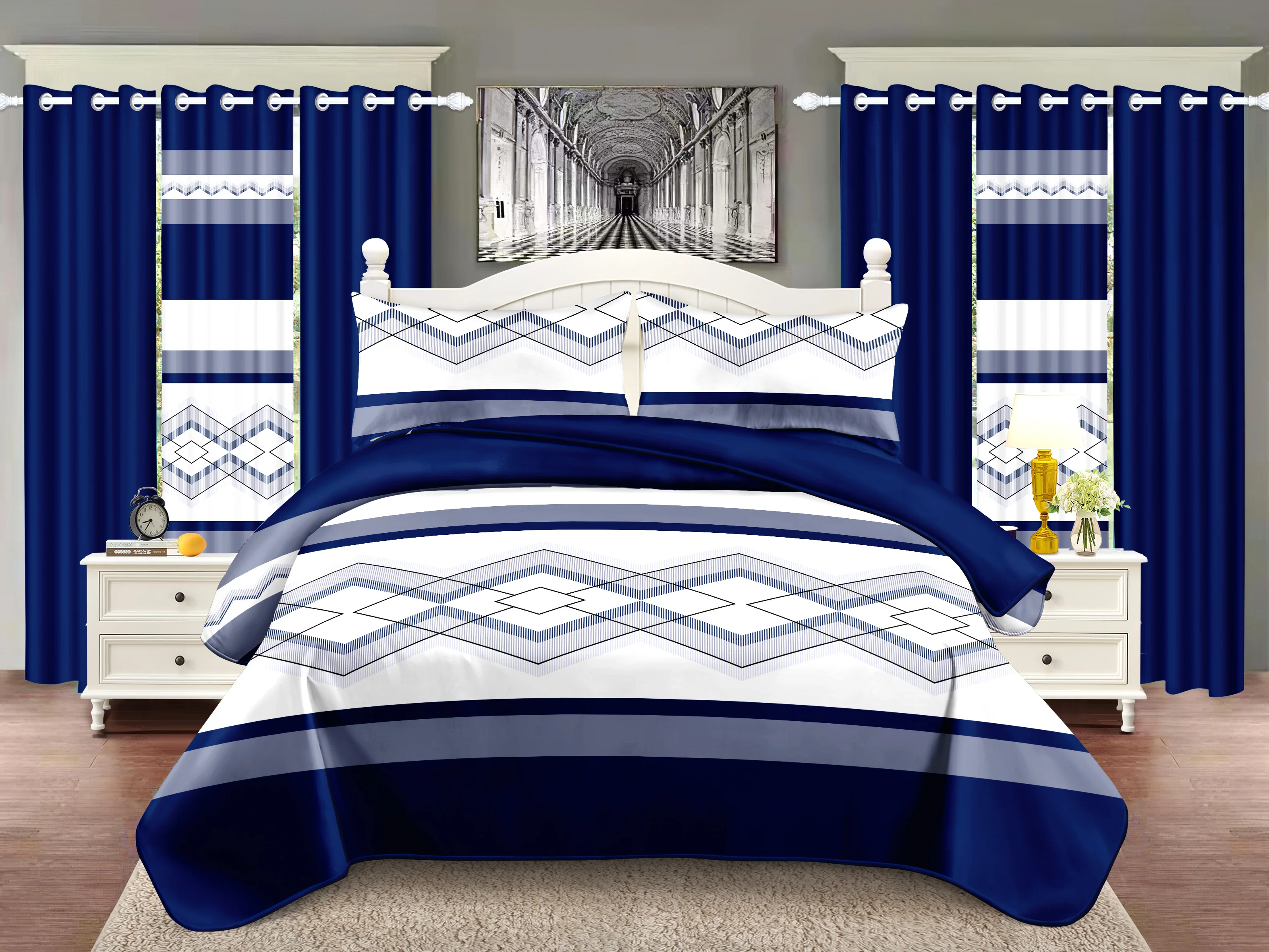 

Комплект постельного белья из 9 предметов (1 покрывало + 2 наволочки + 2 шторы с принтом + 4 однотонные шторы) – мягкий, комфортный, сине-белый цвет