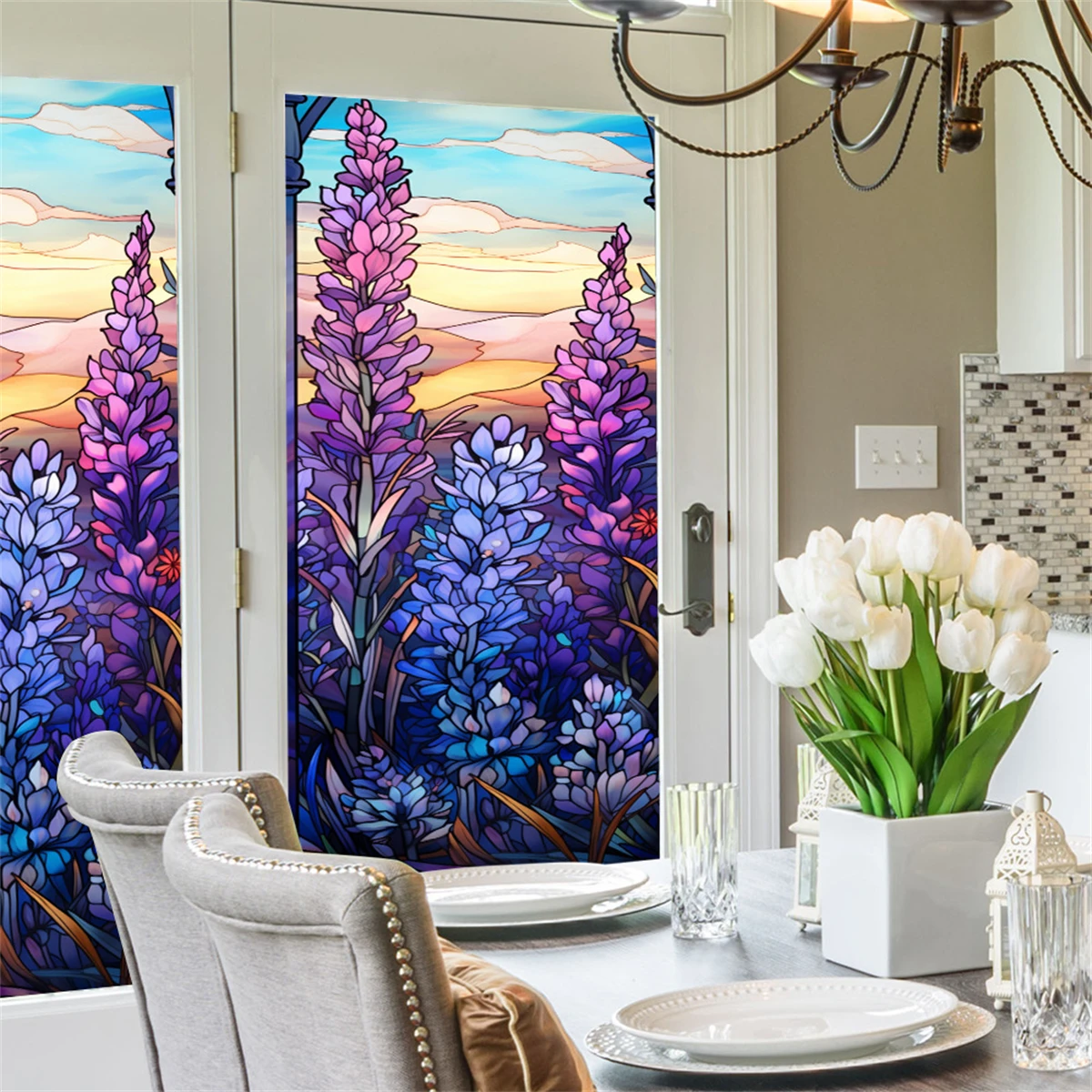 1pc Lavender Flowers Colorful Glass Window Film Decoration Electrostatic Privacy Glass Film Window Film Bedroom Living Room