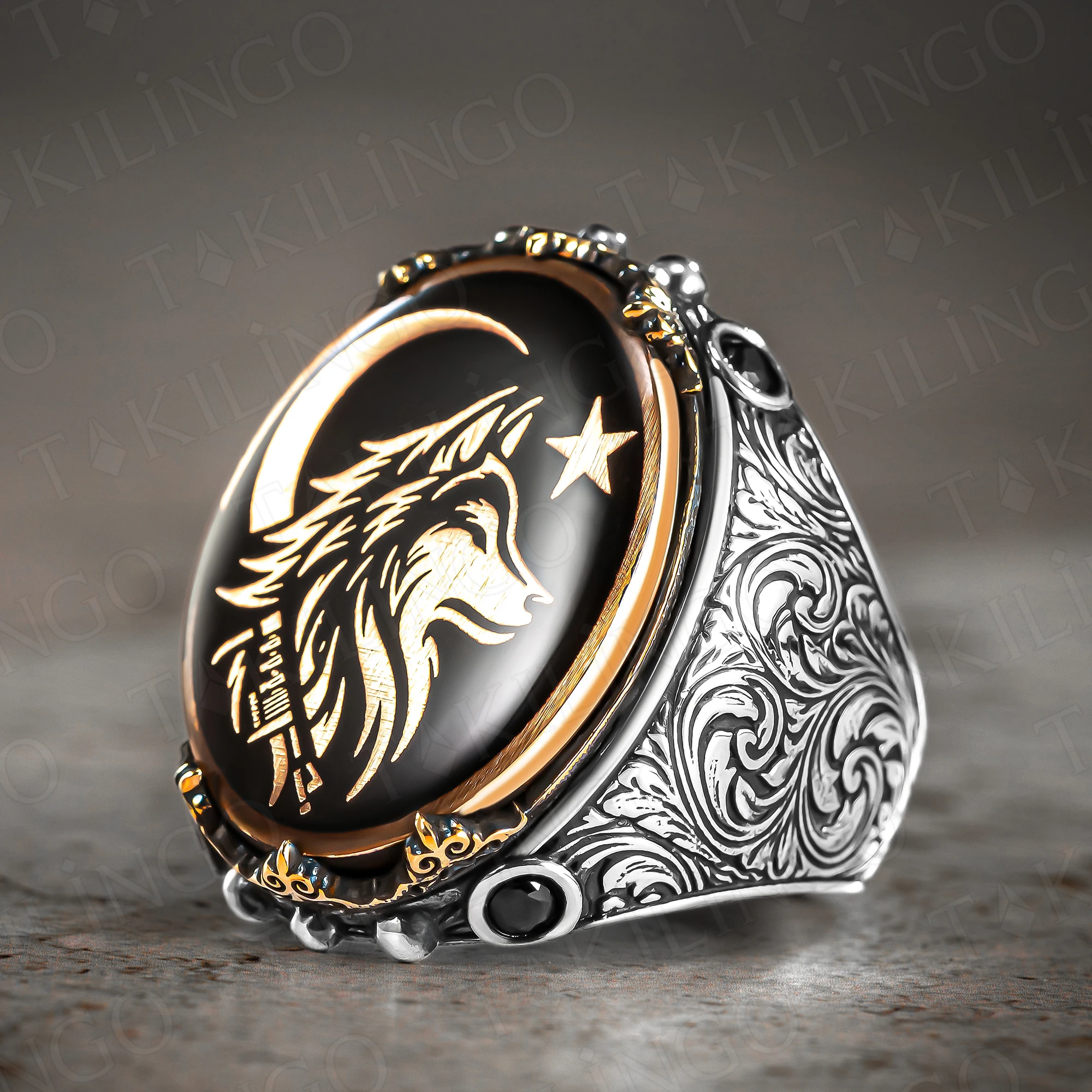 Wolf Ring for Men Sterling Silver Ring Black Enemal Crescent Moon Star Motif Wizard Warrior Hunter Wolf Head Rings Gift for Men