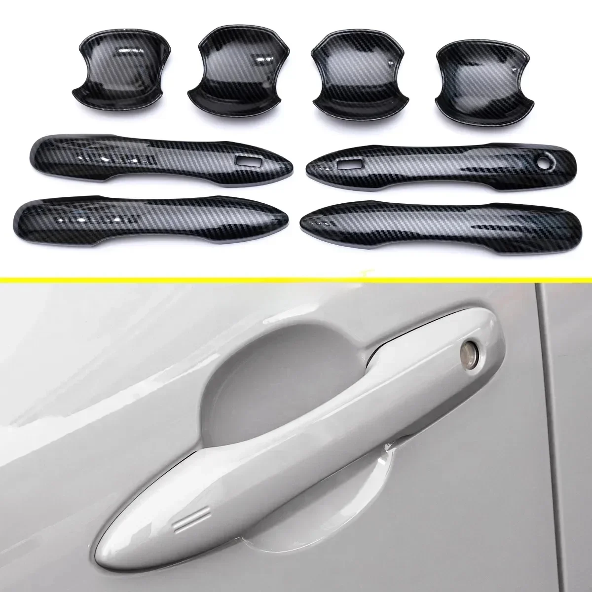 Carbon Fiber Door Handle Strip Cover + Bowl Cup Surrounds Trims For Toyota Corolla Cross 2022 2023 2024
