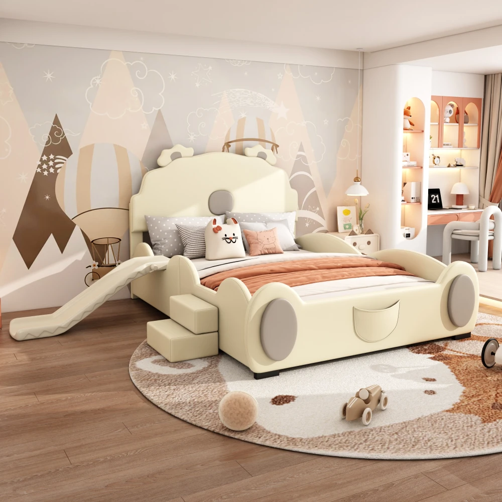 Lit de 140 × 200 cm sur le thème des dessins animés, lit d'enfant, lit en forme d'ours, équipé d'un toboggan et d'une échelle, en PU, facile à nettoyer, forme mignonne, beige