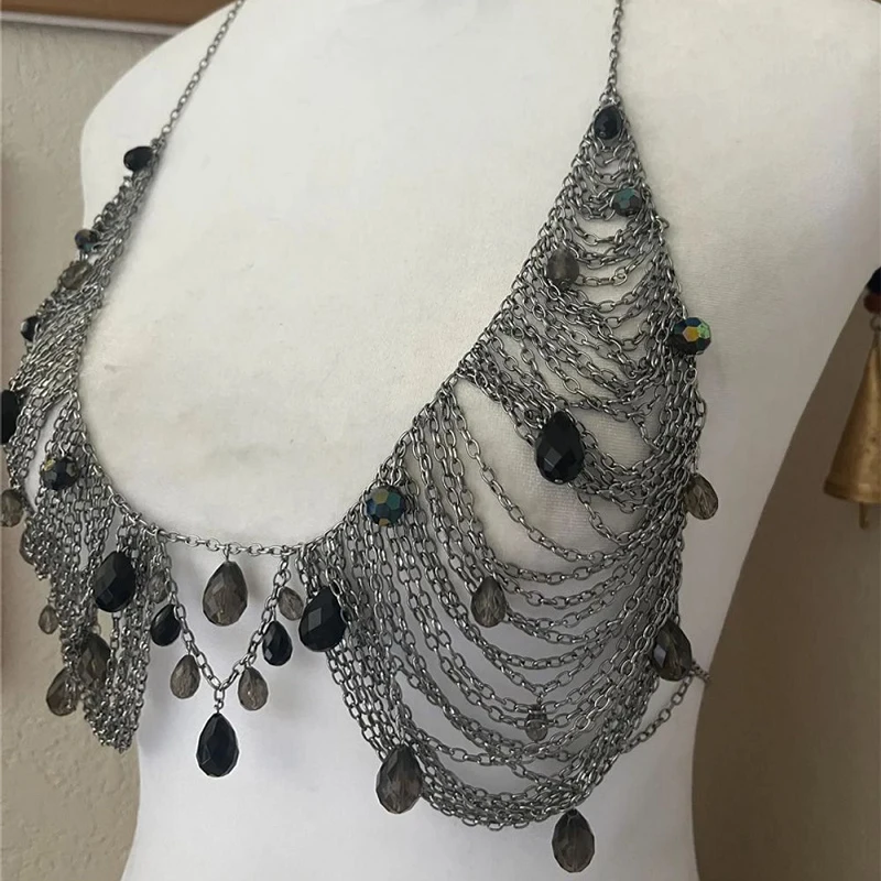 

Y2K черная цепочка с лямкой на шее, женский топ в готическом стиле в стиле панк, регулируемый бюстгальтер с цепочкой на грудь, ремни для фестиваля, рейв-концертный наряд