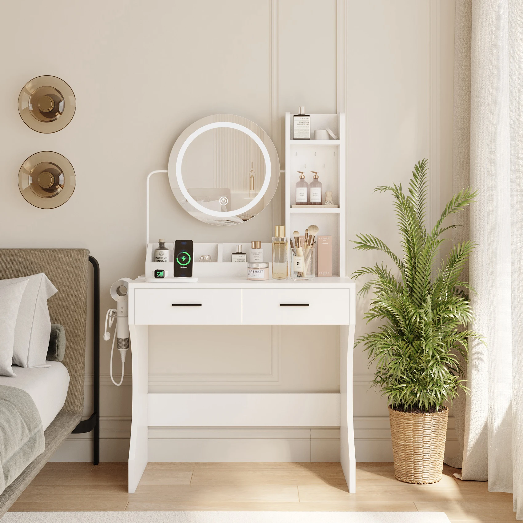 Makeup Vanity Desk, Vanity Table with Round Mirror, White Vanity Desk with Charging Station