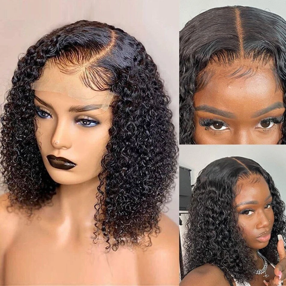 Onda de Água Brasileira Lace Frontal Wig para Mulheres, Curto Bob, Curly Cabelo Humano Perucas, Transparente, 13x4, 4x4