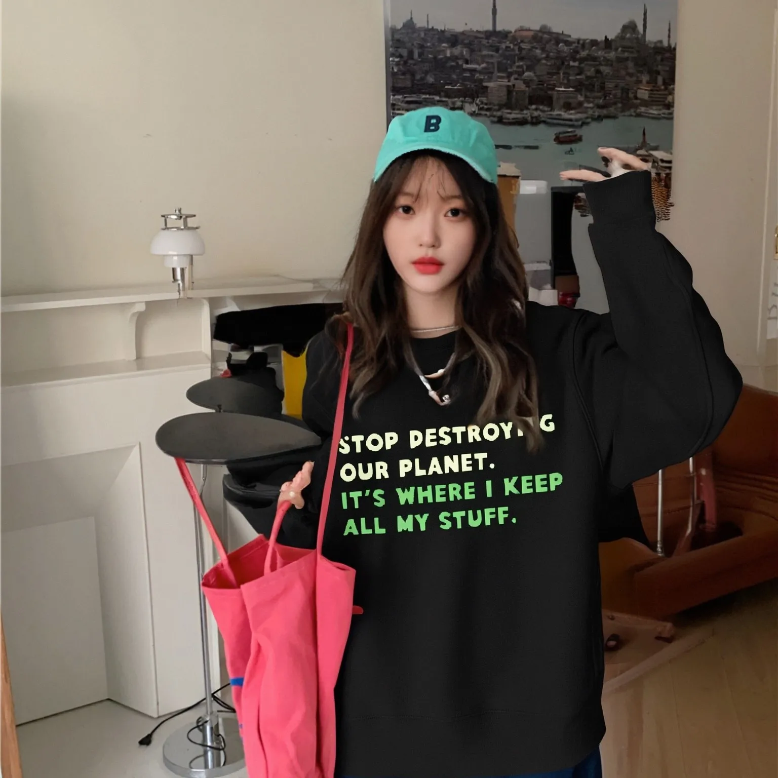 

Толстовка с эко-сообщением, черная толстовка, стоп-разрушитель, планета, текстовый принт, повседневный свободный топ с длинными рукавами, экологический топ