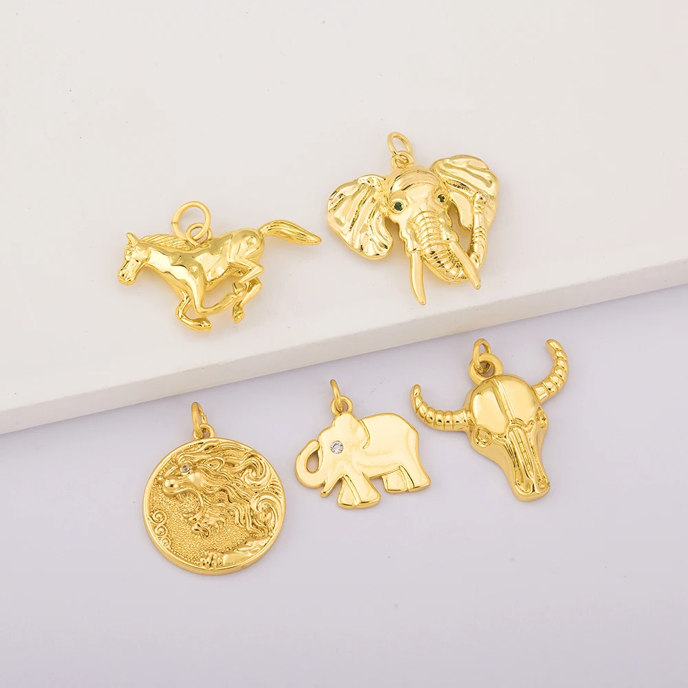 Elephant/Ox/Horse/Lion Shape Pendant Gold Plated Handmade DIY Jewelry Necklace Bracelet Earrings Accessories Copper Zircon Gifts