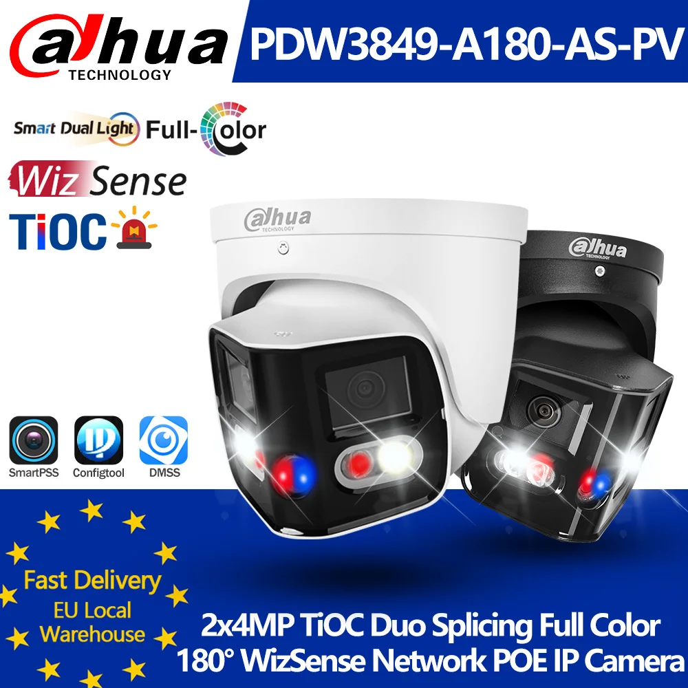 داهوا IPC-PDW3849-A180-AS-PV 2x4MP TiOC Duo الربط ثابت البؤري مقلة العين WizSense كاميرا شبكة مراقبة 180 °   8MP إنذار الصوت والضوء CCTV