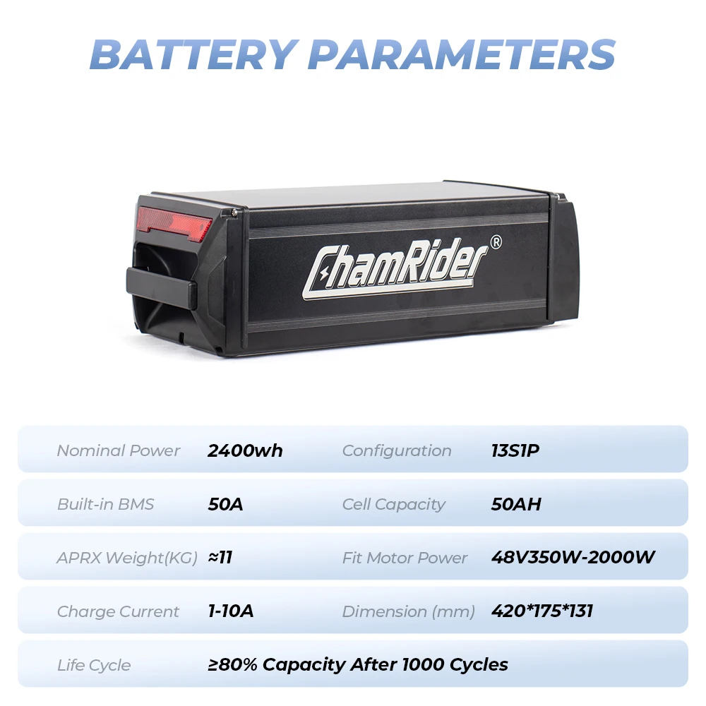 Image of ChamRider Gepäckträger-E-Bike-Akku 48 V 50 Ah – hohe Kapazität, 2000 W Ausgang, 50 A BMS, langlebige Zellen – passend für 36 V/48 V/52 V Systeme