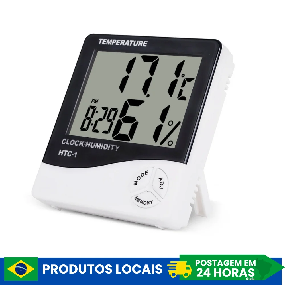 Termômetro LCD Digital Medidor de Temperatura Umidade Higrômetro Interior e Exterior Estação Meteorológica c Relógio HTC