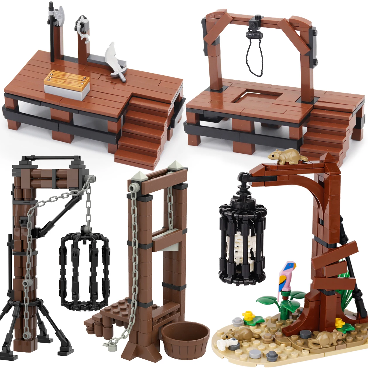 MOC Medieval Guillotine Building Blocks Kit Gallows Tree Hanging Cage Gallows Trial Weapons Bricks Toys Boys Gift