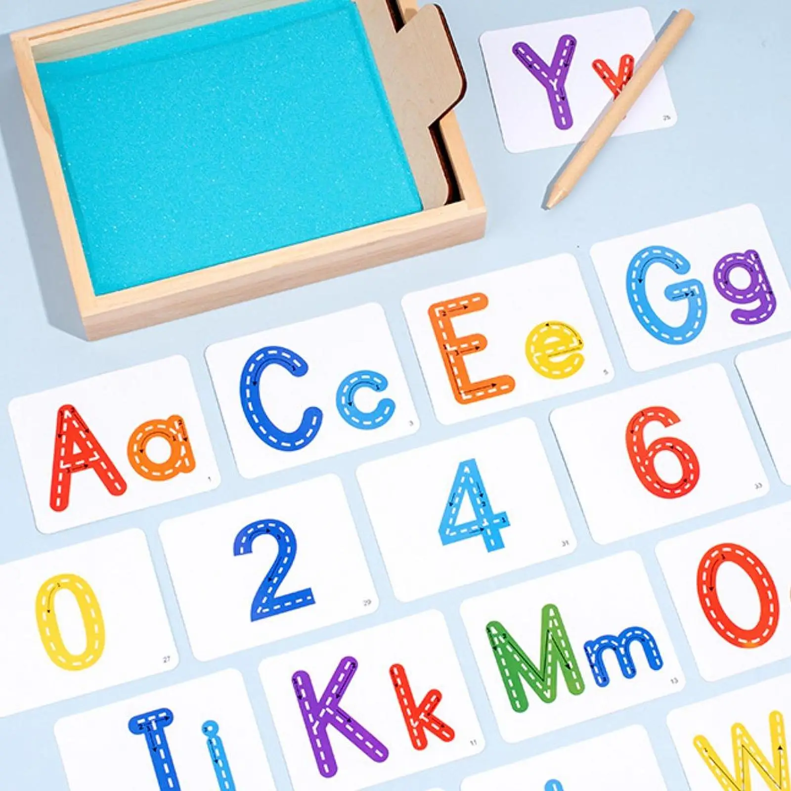 Bandeja de arena Montessori de madera, juego de juguetes educativos con tarjetas de letras y números para niños, juguetes de rompecabezas de aprendizaje creativo