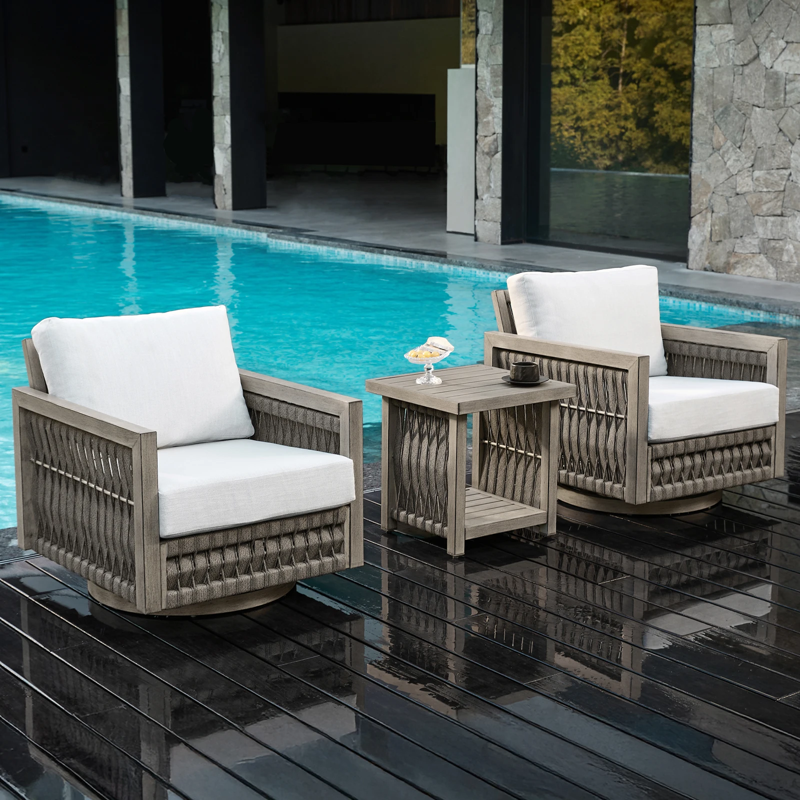 

SeeHill 3-Piece Swivel Bistro Set, Aluminum Rope Weave Patio Chairs with Cushions and Table, Outdoor Furniture, Gray Oak