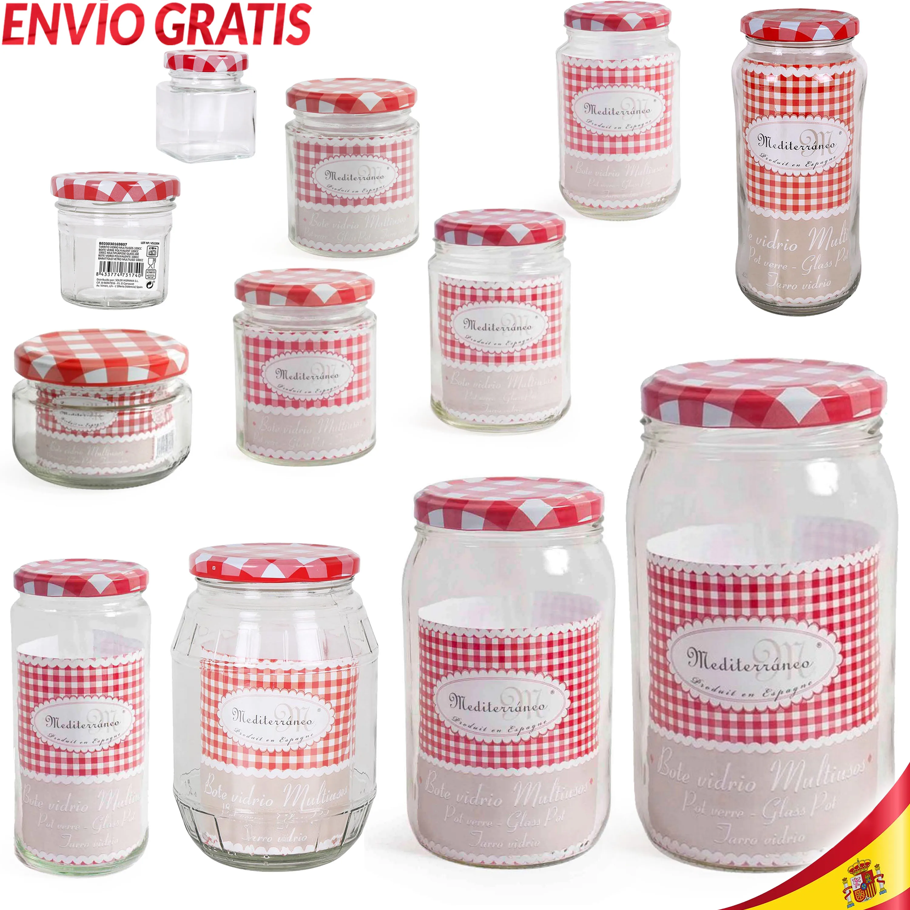 Bote de Vidrio Multiusos Tarro Frasco Sano y Fresco Tapa Hermética Ideal Alimentos Legumbres Carnes Herramientas Útiles Bisutería Hucha 60cc 100cc 140cc 250cc 350cc 375cc 450cc 580cc 720cc 1000cc 2000cc 4000cc 4 Litros