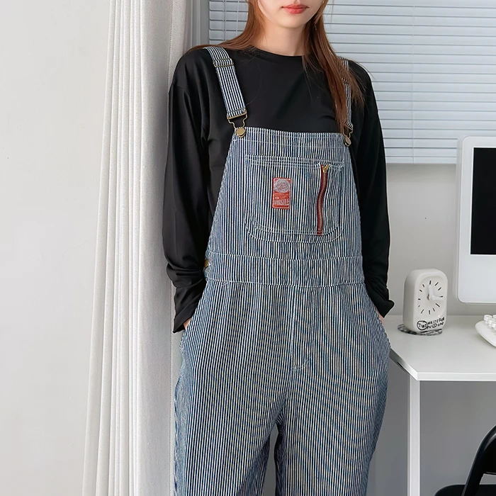 Suspenders cotton straight fit women casual strip overroll jumpsuit