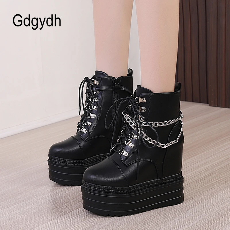 Gdgydh Platform Boots Goth for Women Lace up Wedge Heel Chain Ankle Booties Studded Short Motorcycle Boots with Zipper White