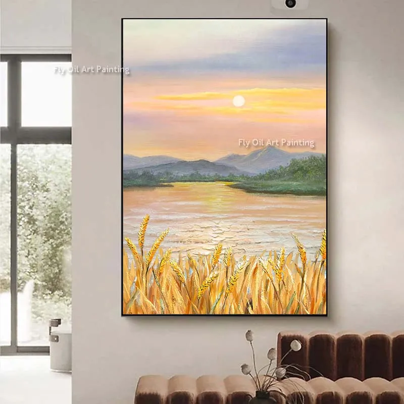 Handmade Large Size Simple Sunrise Mountain River Landscape Texture Oil Canvas Painting Sofa Background Gallery Art Wall Decor