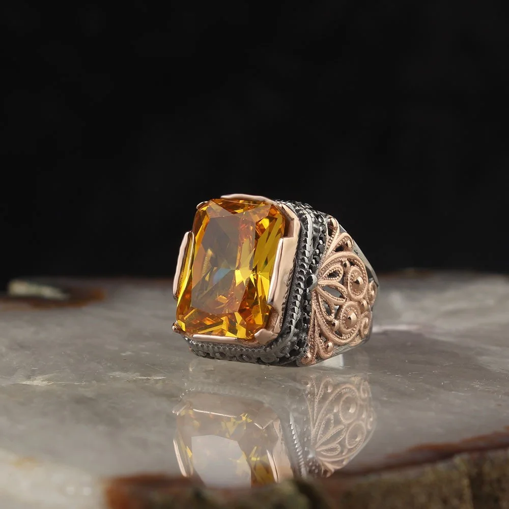 925K Sterling Silver Man's Ring, Citrine Gemstone Rodaj Plated Exclusive Jewelry Stylish Accessory For Man Freeshipping