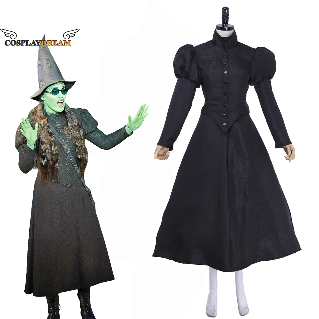 

Wicked Musical Elphaba Cosplay Costume with Hat Black Victoria Sleeves Long Skirt Dress Suit Halloween Party Theater Clothing