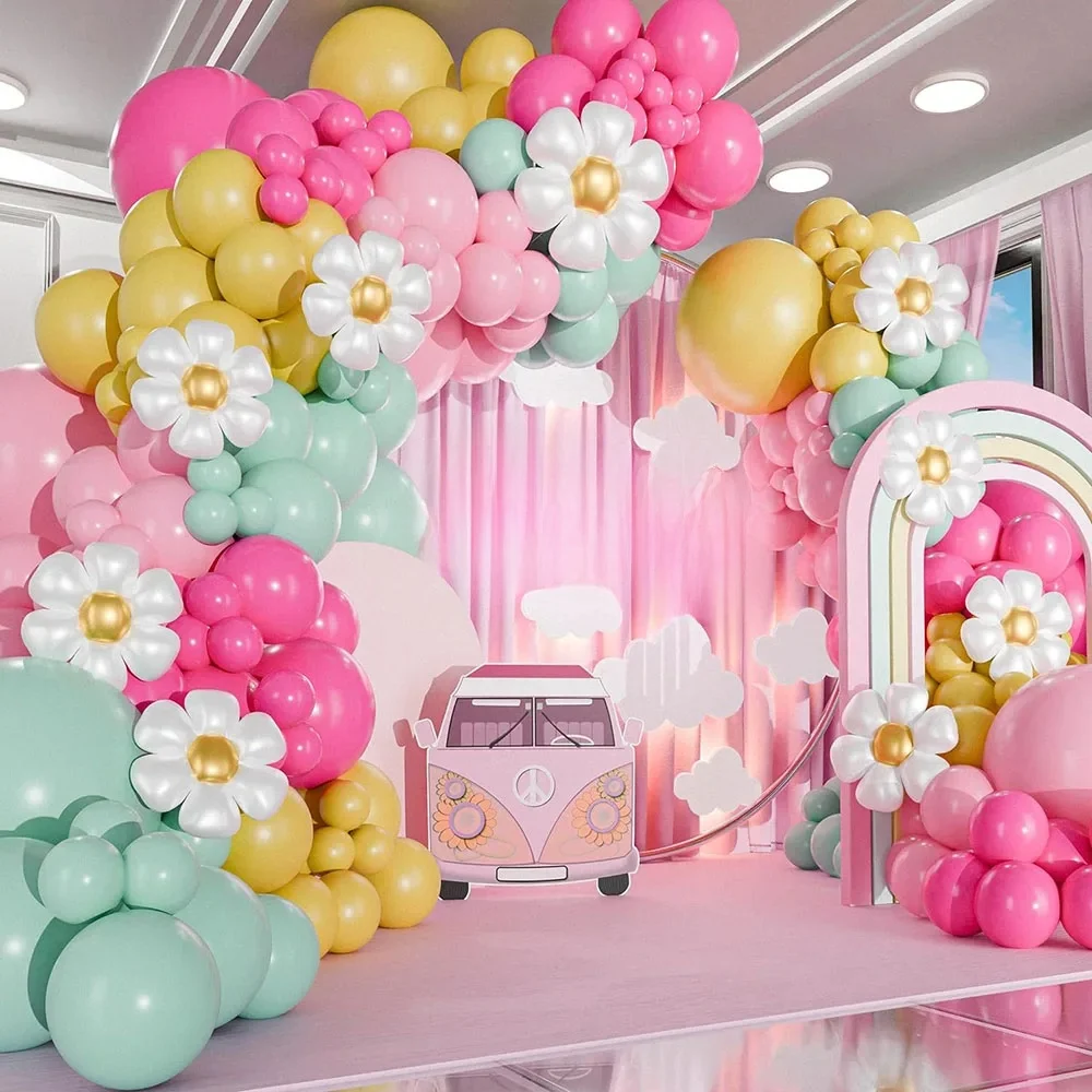 Zestaw girlandy balonowej All-In-One Daisy i łuk z Daisy - małe i duże jasnoróżowe zielone żółte dwie modne balony - dekoracja urodzinowa lub baby shower - hipisowskie kwiaty retro — zdjęcie 2