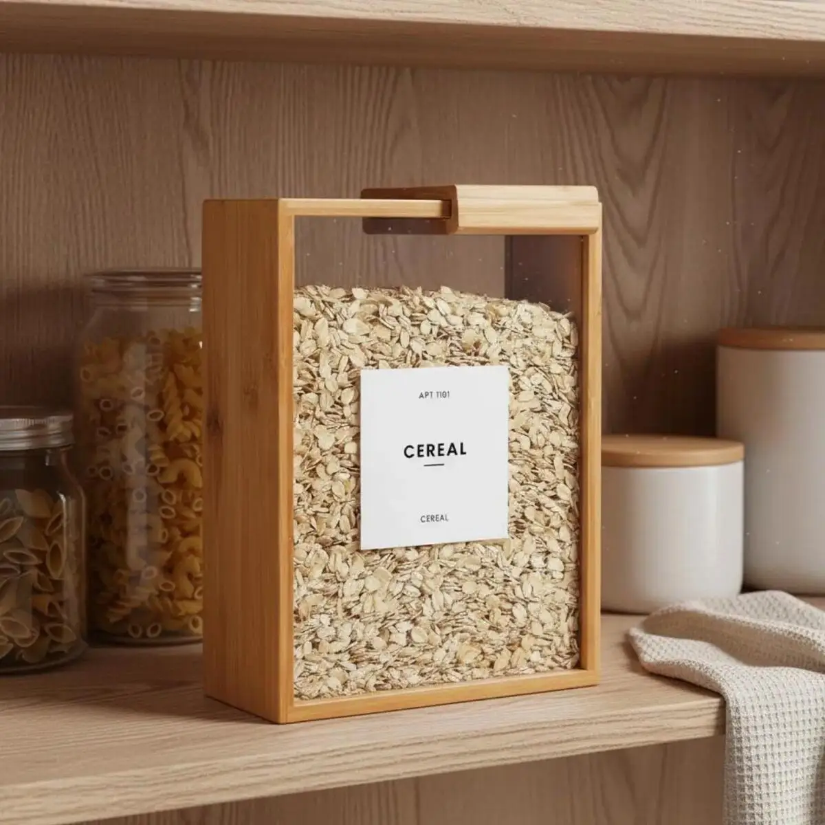 Rice Storage Container Bamboo Food Dispenser for Pantry Organization Kitchen Storage for Cereal Pasta Flour with Sealed Clear Acrylic Lid Transparent Sliding Lid Easy Access