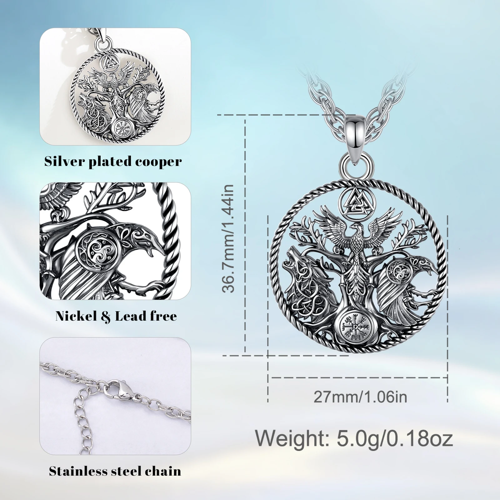 Eudora Viking Raven Wolf Necklace Phoenix Tree of Life Compass Pendant Norse Pagan Spiritual Jewelry Gift for Men Women