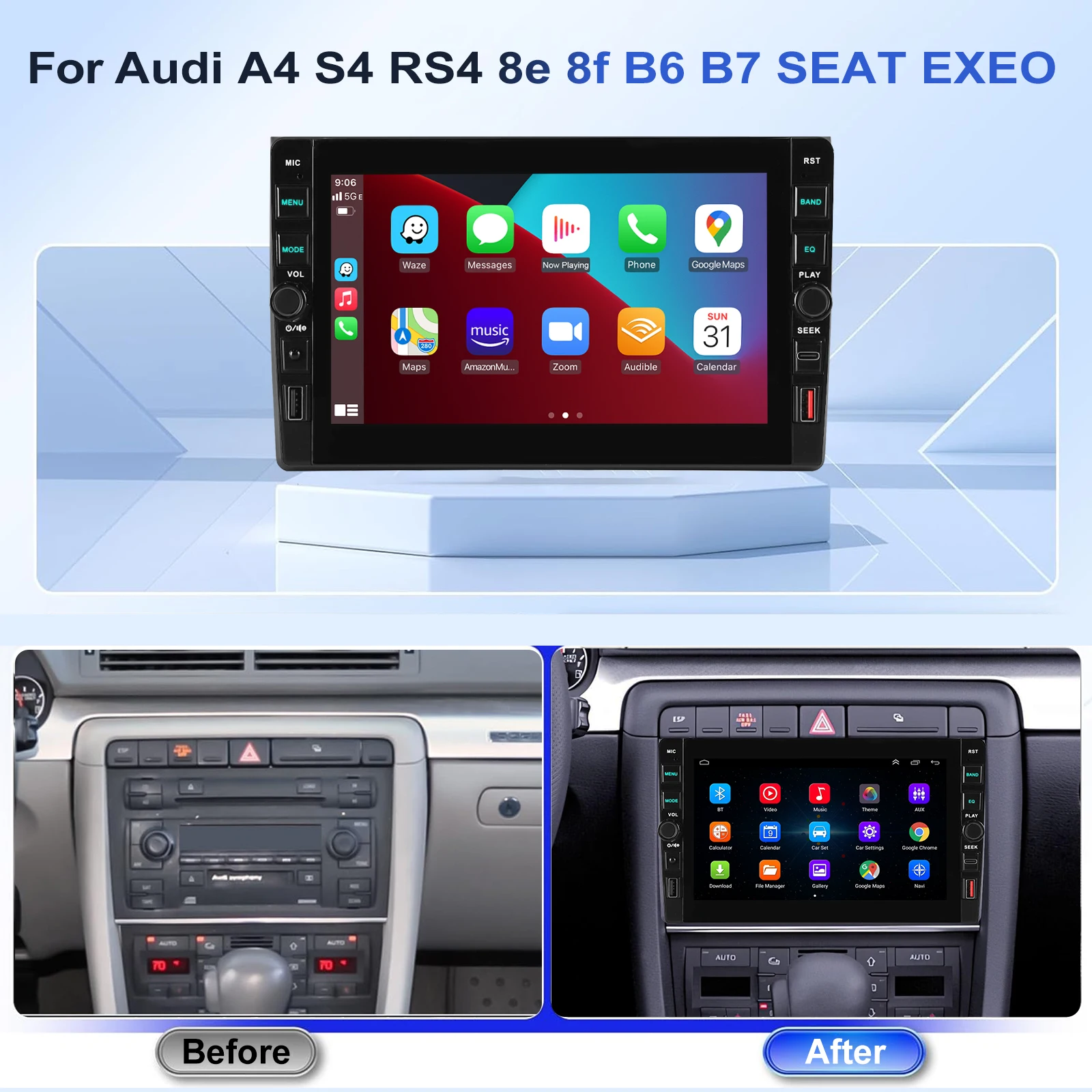 ESSGOO 8" 4+64G Android 15 für Audi A4 S4 RS4 8e 8f B6 B7 SEAT EXEO Wireless Carplay Android Auto Autoradio GPS-Navigation Radio USB Typ-C FM BT WiFi RDS ASP Mirror Link SWC IPS Touchscreen