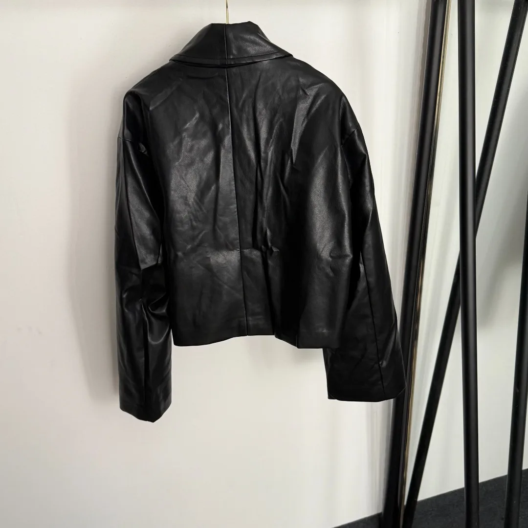 

High quality spring and summer women's button cross V-neck long sleeved PU leather jacket SU112