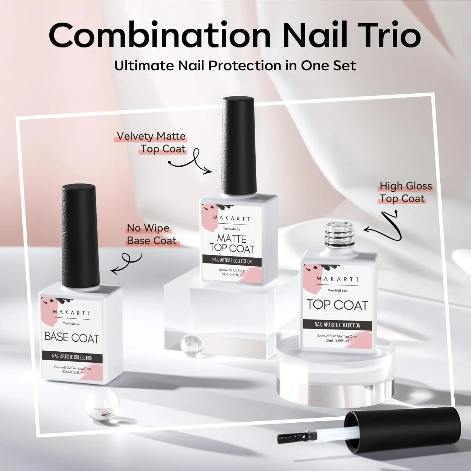 ชุดเจลทาเล็บ Makartt No Wipe Gel Top and Base Coat – เนื้อแมทและเงา, 3 ชิ้น ยาทาเล็บเจลแบบลอกออกได้ ติดทนนาน